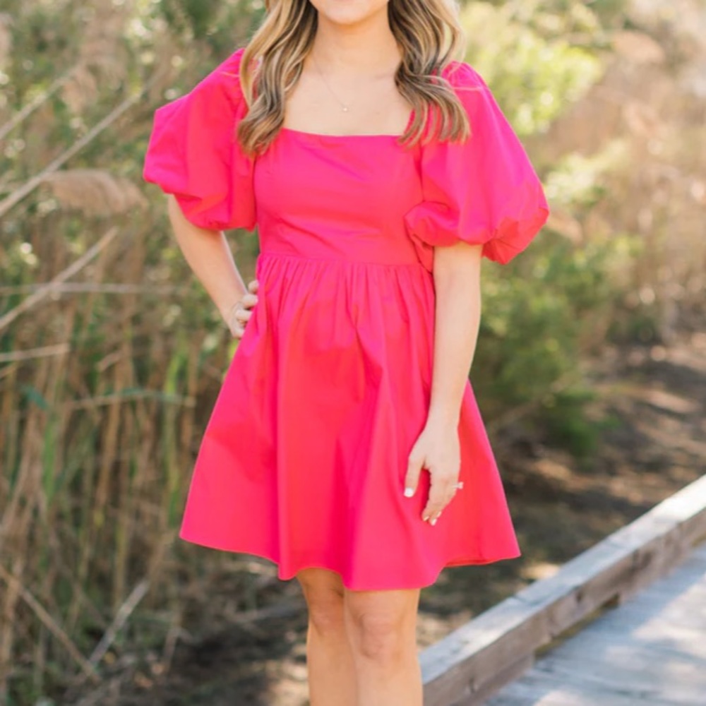 Sugarlips Marion Oversized Puff Sleeve Babydoll Mini Dress Hot Pink Medium